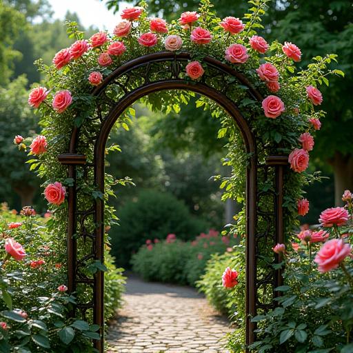 A decorative metal trellis with climbing roses in a lush garden.