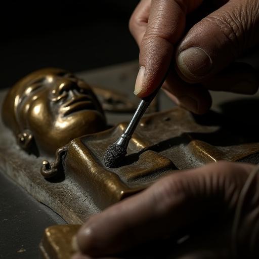 A restorer carefully cleaning a historical bronze statue.