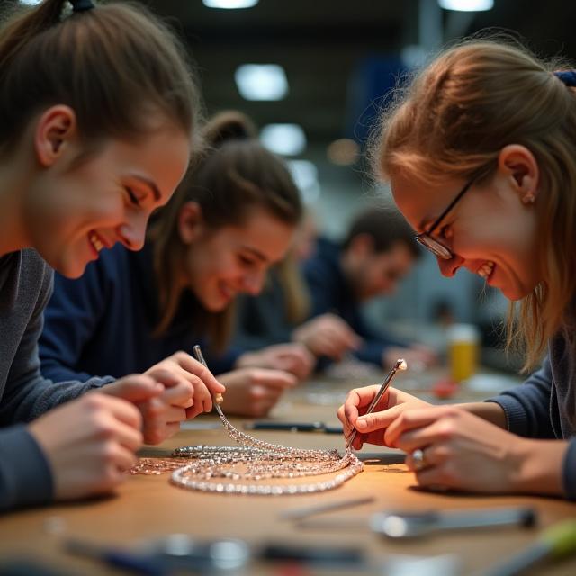 A group of people happily engaged in making jewellery at a workshop bench.
